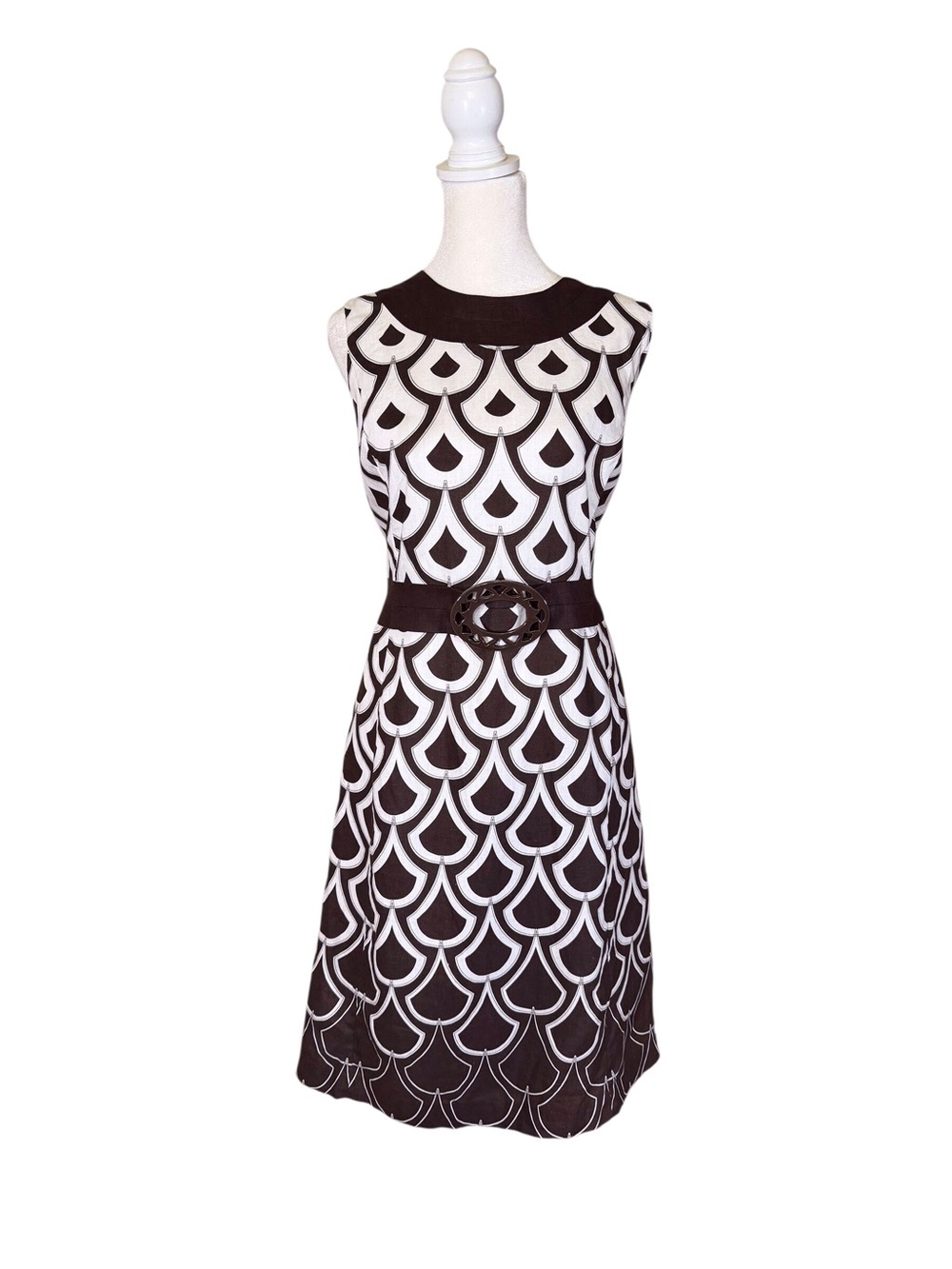 Talbots Brown and ivory geometric print sleeveless Linen dress women’s size 12